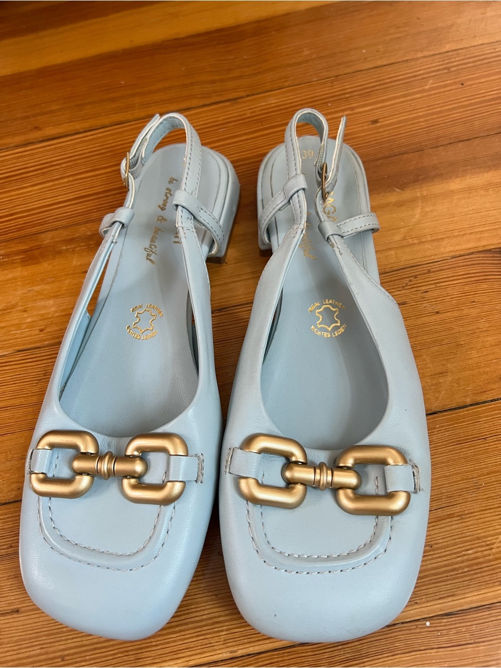 Light Blue Leather Slingback Flats with Gold Horsebit Accent